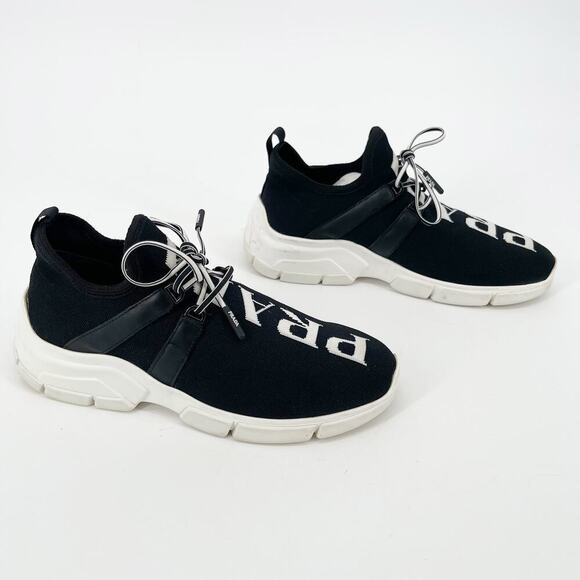 Prada Black White XY Logo Knit Sock Sneaker Trainer Lace Up Women's IT 36 - Picture 1 of 15